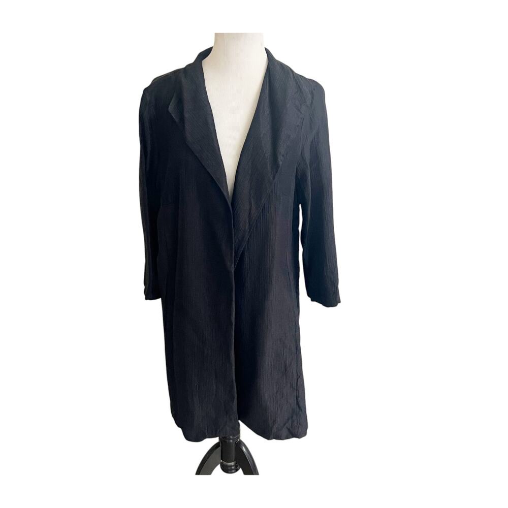 Eileen Fisher Duster Crinkle Jacket Women's XL Black Silk Open Front Minimalist